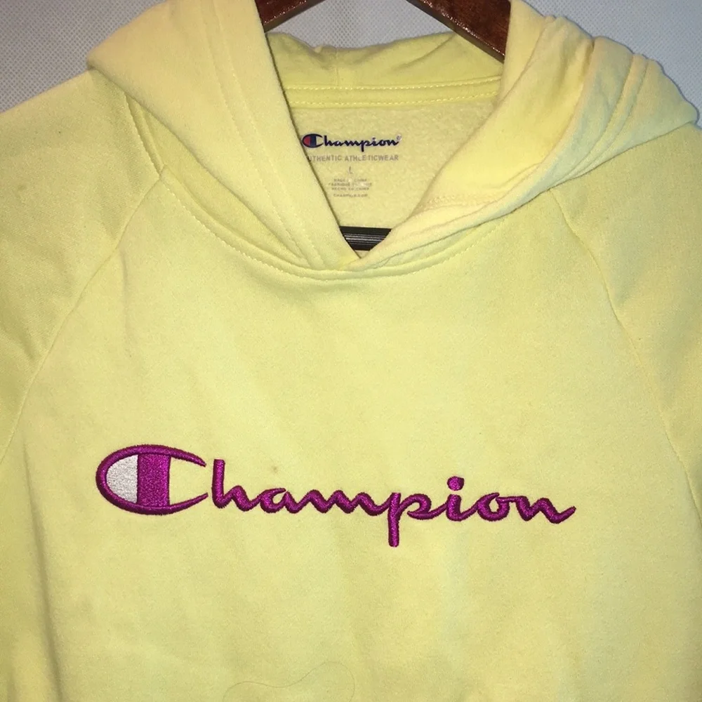 Champion Yellow Hoodie with Purple Logo | Fleece Lined Sweatshirt | Kids Size L